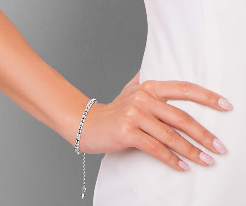 Miabella Italian 925 Sterling Silver or 18K Yellow Gold Plated Diamond-Cut Adjustable Bolo 4mm Bead Ball Bracelet for Women, Made in Italy (sterling silver) - Image 3